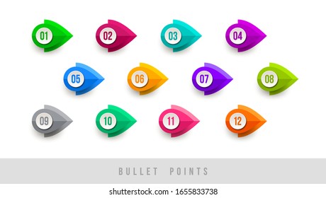 Colorful bullet points - numbered from one to twelve. Vector illustration.