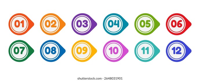 Conjunto de marcadores coloridos de números de zero a doze. Círculos e números multicoloridos. Conjunto de marcadores com números.  Ícones planos vetoriais isolados no plano de fundo branco