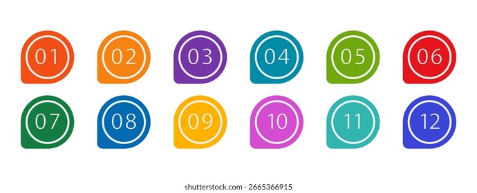 Colorful bullet points set of numbers from zero to twelve. Multicolored circles and numbers. Set of markers with numbers. Vector flat icons isolated on white background