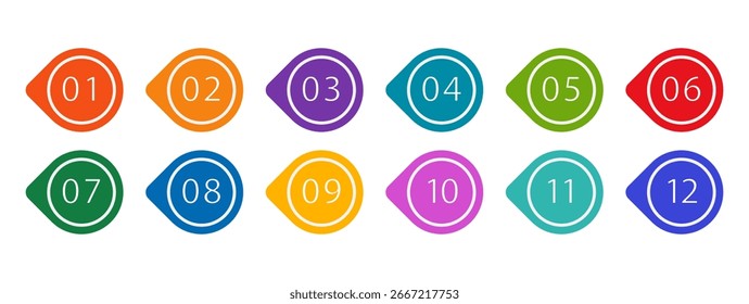 Colorful bullet points set of numbers from one to twelve. Multicolored circles and numbers. Set of markers with numbers. Vector flat icons isolated on white background