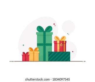 Colorful bunch of gift boxes for the holidays. Present for Christmas, xmas, New Year and birthday. Surprise for children. Winter event. Isolated on white background. Eps 10