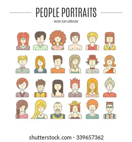 Colorful bundle of different people made in linear style vector. Modern avatars with different characters. Hipster portraits for social media or web site. Trendy illustration of guys and girls. 
