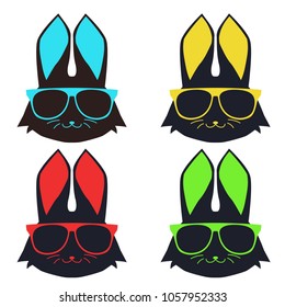 colorful bunny faces in glasses set in trendy flat style