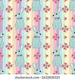 Colorful bunny pattern design on striped background