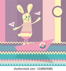 Colorful, bunny, rabbit. Poster with little animals for children's room decoration on a white background. Color vector illustration. Valentine's day design. A girl and a boy.