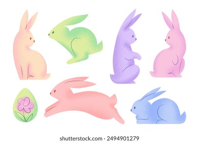 Colorful bunny stickers collection in modern retro style with grainy texture.. Set of cute rabbits isolated on white background. Vector illustration.