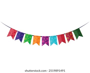 Bunte Banner mit Polka-Punkten und Streifen. Ein lebhaftes buntes Banner aus bunten Fahnen mit Polka-Punkten