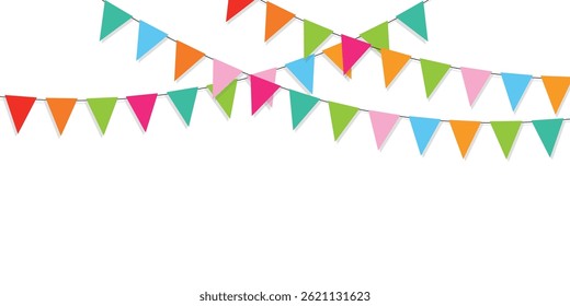 Colorful bunting and carnival garland with flags. Festive vector illustration on white background, perfect for birthday greetings and celebrations