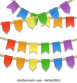 Colorful bunting decoration for party, festival, celebration, special events. Vector illustration in LGBT flag colors. Garland, pennants on a rope for Gay Pride Month. Symbol of peace, gay culture.