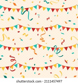 Colorful Bunting And Falling Confetti On Beige Background, Seamless Carnival Pattern. Vector Illustration. Carnaval Print Ornament, Streamers And Hanging Flag Garlands