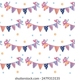 Colorful bunting flags background with confetti for celebration and party decorations