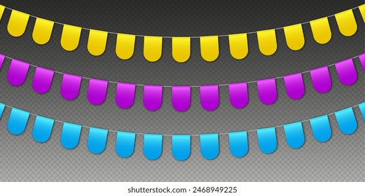 Colorful bunting flags, carnival party flags, festive pennants hanging on a rope. Festival vector decoration.