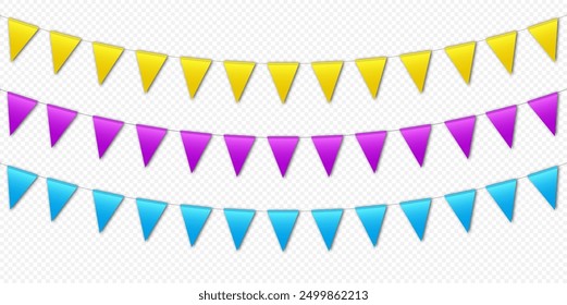 Colorful bunting flags, carnival party flags, festive pennants hanging on a rope. Festival vector decoration.