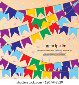 colorful bunting flags and confetti falling. celebration and party holiday background. decorations vector illustration.