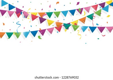 Colorful bunting flags with Confetti and ribbons for birthday, celebration, carnival, anniversary and holiday party on white background. Vector illustration