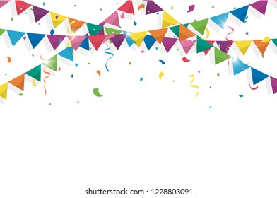 Colorful bunting flags with Confetti and ribbons for birthday, celebration, carnival, anniversary and holiday party on white background. Vector illustration