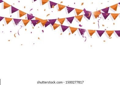 Colorful bunting flags with Confetti and ribbons for halloween, birthday, celebration, carnival, anniversary and holiday party on white background. Vector illustration