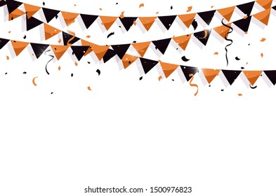 Colorful bunting flags with Confetti and ribbons for Halloween, birthday, celebration, carnival, anniversary and holiday party on white background. Vector illustration