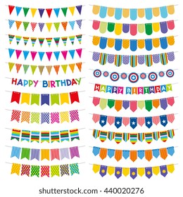 Colorful bunting flags and garlands. Birthday and party vector decoration. 