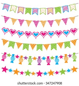 Colorful bunting flags and garlands, hand drawn vector