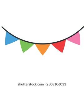 Colorful bunting flags on string for celebration decoration, featuring various vibrant colors and triangular shapes.
