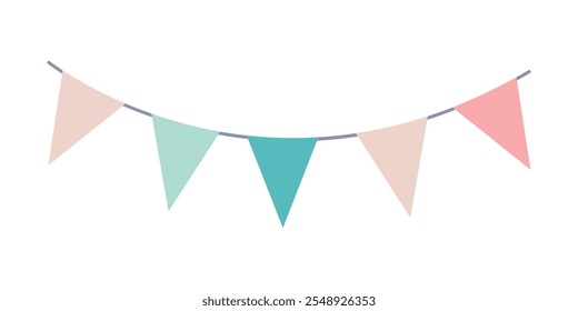 Colorful bunting flags on string for birthday party decoration,holiday anniversary fabric garland design,modern festive hanging decor.Isolated.Vector illustration.