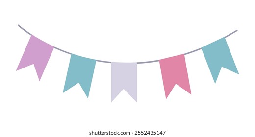 Colorful bunting flags on string for birthday party decoration,holiday anniversary fabric garland design,modern festive hanging decor.Isolated.Vector illustration.