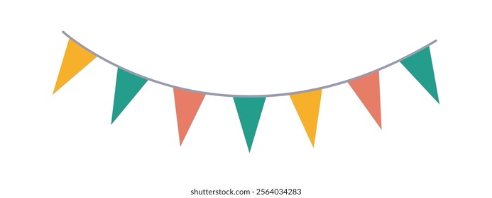 Colorful bunting flags on string for birthday party decoration,holiday anniversary fabric garland design,modern festive hanging decor.Isolated.Vector illustration.