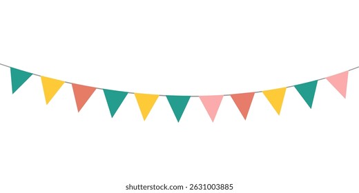 Colorful bunting flags on string for birthday party decoration, holiday anniversary fabric garland design, modern festive hanging decor. Isolated. Vector illustration.