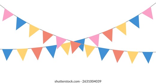 Colorful bunting flags on string for birthday party decoration, holiday anniversary fabric garland design, modern festive hanging decor. Isolated. Vector illustration.