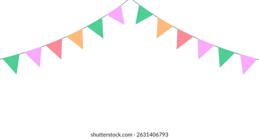 Colorful bunting flags on string for birthday party decoration, holiday anniversary fabric garland design, modern festive hanging decor. Isolated. Vector illustration.