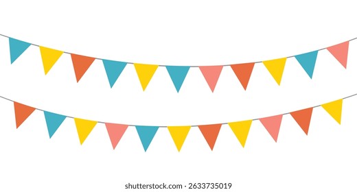 Colorful bunting flags on string for birthday party decoration, holiday anniversary fabric garland design, modern festive hanging decor. Isolated. Vector illustration.