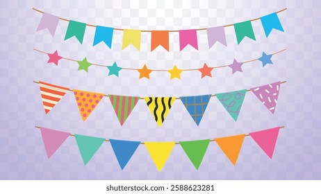 Colorful bunting flags and stars in various patterns and shapes. Bright bunting flags for festive decoration. Multicolored bunting for celebrations. Party illustrations, isolated element vector set.