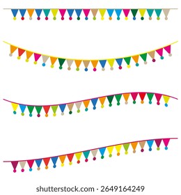 Guirlande de bruant colorée. Rangées de fanions festives. Des cordes de drapeau vibrantes. Image vectorielle décoration de fête.
