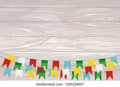 Colorful bunting and garland set. Greeting card or birthday invitation. Empty space for text or your advertisement. Holiday. Vector on wooden background.