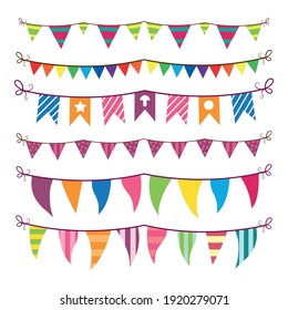 Colorful bunting and garland set isolated on white.