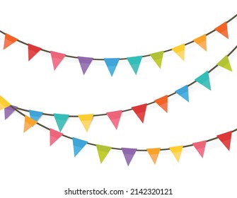 Colorful bunting and garland set vector illustration. Birthday decoration elements flags