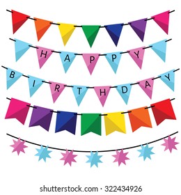 Colorful bunting and garland set vector illustration. Birthday decoration elements flags