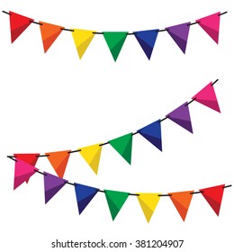 Colorful bunting and garland set vector illustration. Birthday decoration elements flags