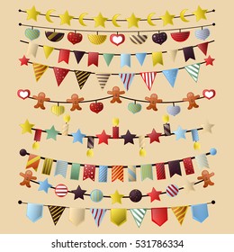 Colorful bunting and garland set. Vector Illustration. isolated on white