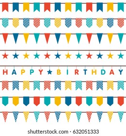 Colorful bunting and garland set vector illustration. Birthday decoration elements flags