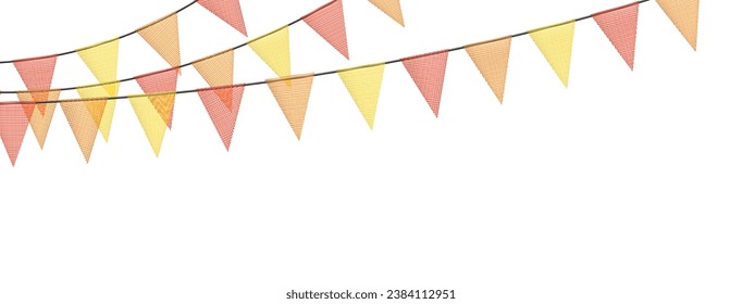 Colorful bunting garlands with flags made of shredded pieces of fabric. Decorative multicolored party pennants for festival, party celebration. Holiday background with hanging flags. Vector 