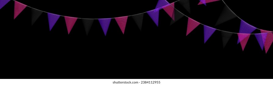 Colorful bunting garlands with flags made of shredded pieces of fabric. Decorative multicolored party pennants for festival, party celebration. Holiday background with hanging flags. Vector