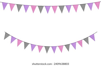 Colorful bunting garlands with flags made of shredded pieces of fabric. Decorative multicolored party pennants for festival, party celebration. Holiday background with hanging flags. Vector 
