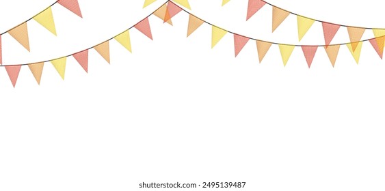 Guirnaldas coloridas con banderas hechas de trozos de tela triturados. Banderines de fiesta multicolores decorativos para festival, celebración de fiesta. Fondo de Festiva con banderas colgantes. Vector.