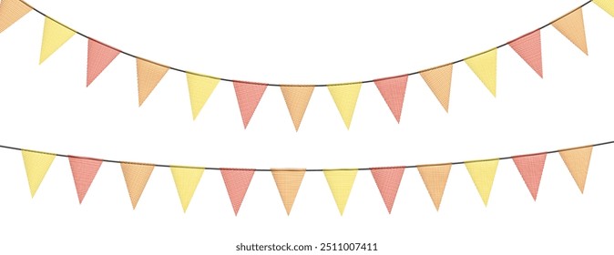 Guirnaldas coloridas de bunting con banderas hechas de pedazos de tela triturados. Banderines multicolores decorativos de la fiesta para el festival, celebración de la fiesta. Fondo de Festiva con banderas colgantes. Vector