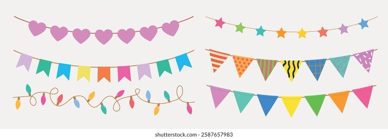 Colorful bunting and garlands in various shapes like hearts, stars, and triangles. Festive bunting and garlands for parties and celebrations. Vibrant bunting decor. Party illustrations, vector set.