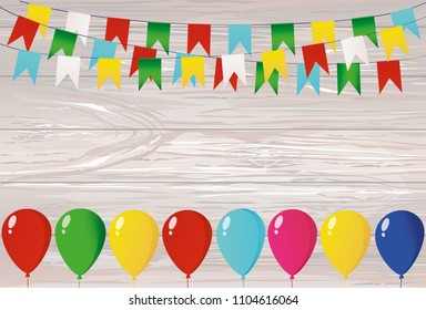 Colorful bunting on a rope with balloons. Garland of flags. Greeting card or birthday invitation. Empty space for text or your advertisement. Vector on wooden background.
