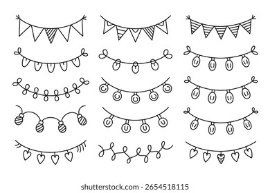 Colorful bunting and string light set, hand drawn party garland, festive border, celebration decoration, cheerful illustration