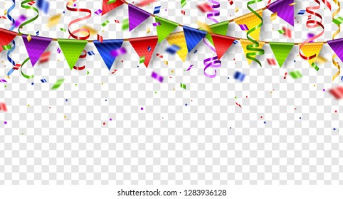 Colorful buntings, serpentine and confetti isolated on transparent background. Vector illustration. Shiny border with paper decorations for holiday design